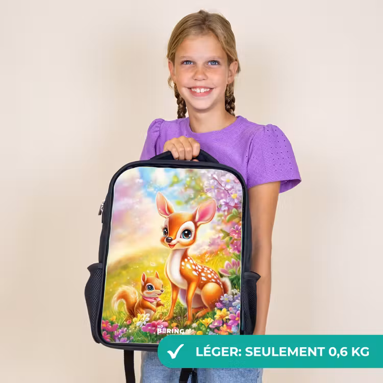 Sac à dos enfant - Noir - Cerf et écureuil dans un champ de fleurs coloré — 9