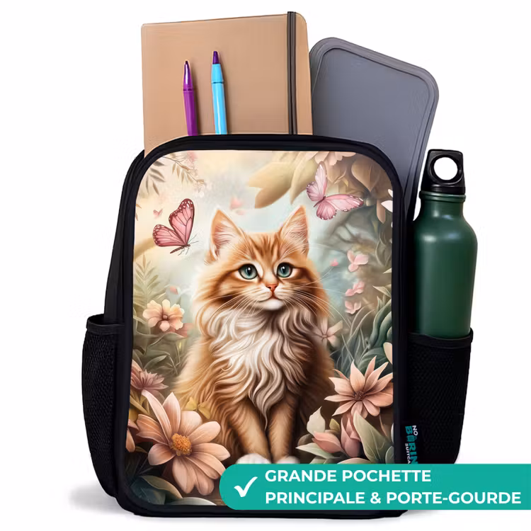 Sac à dos enfant - Noir - Chat dans un champ de fleurs avec des papillons roses. — 10