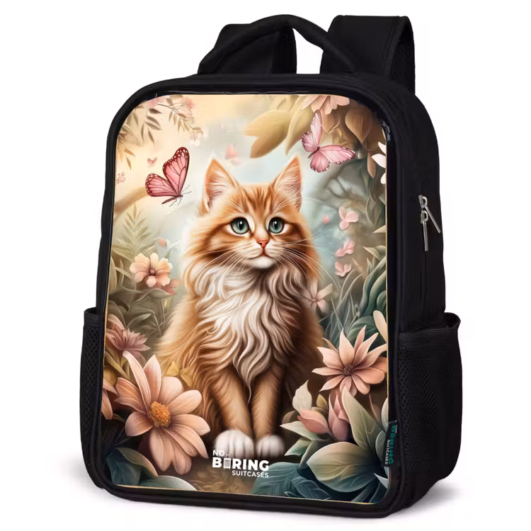 Sac à dos enfant - Noir - Chat dans un champ de fleurs avec des papillons roses. — 6