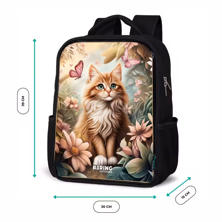 Sac à dos enfant - Noir - Chat dans un champ de fleurs avec des papillons roses. — 8