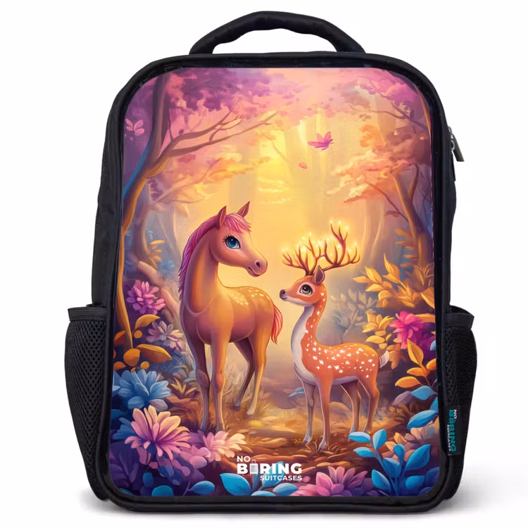 Sac à dos enfant - Noir - Cheval et cerf dans une forêt rose de conte de fées — 1