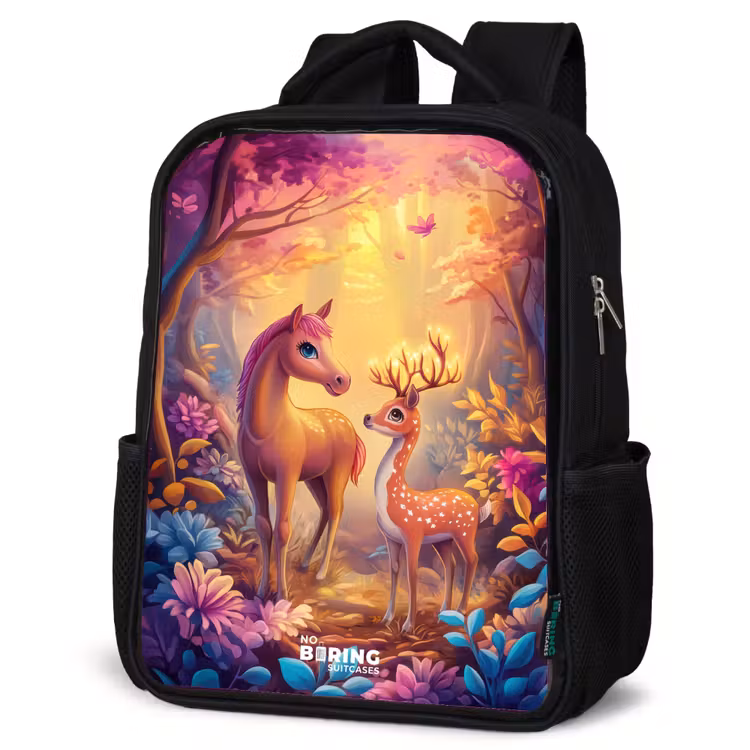 Sac à dos enfant - Noir - Cheval et cerf dans une forêt rose de conte de fées — 6