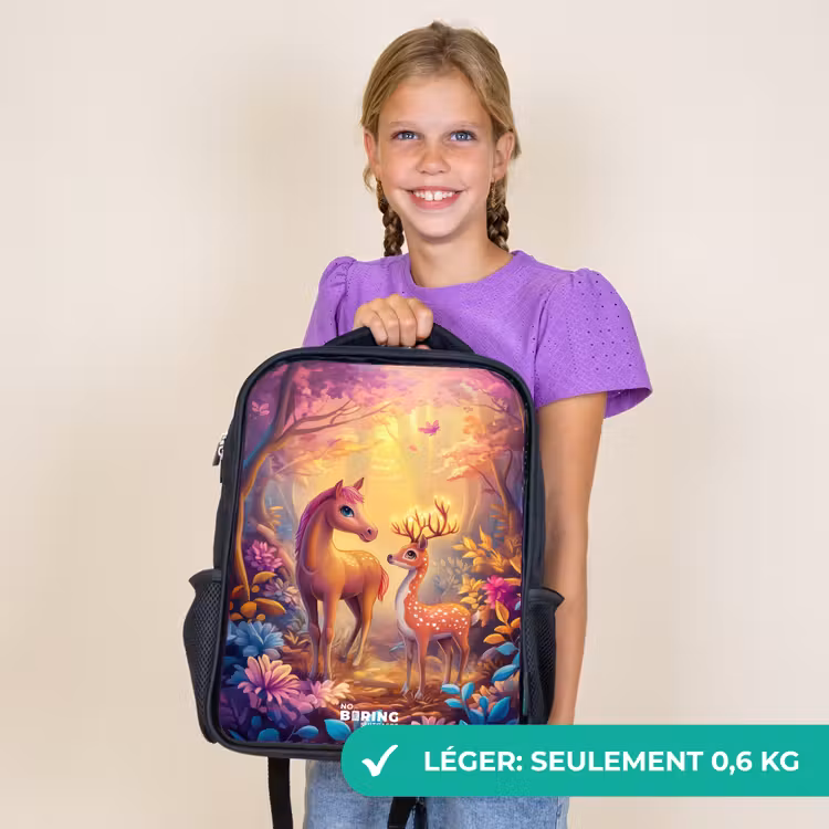 Sac à dos enfant - Noir - Cheval et cerf dans une forêt rose de conte de fées — 9