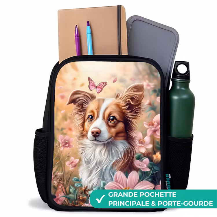 Sac à dos enfant - Noir - Chien dans un champ de fleurs avec des papillons — 10