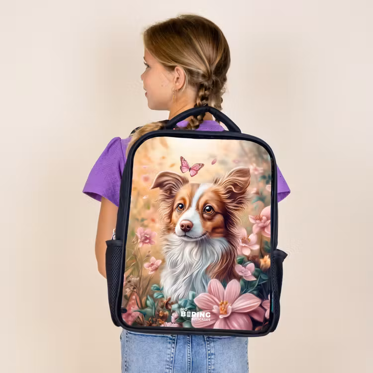 Sac à dos enfant - Noir - Chien dans un champ de fleurs avec des papillons — 4