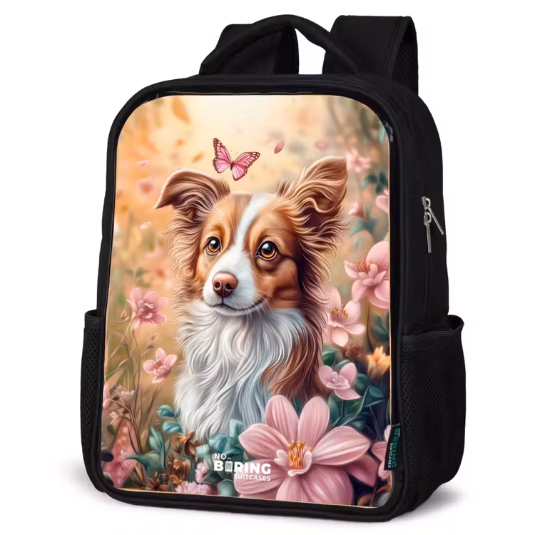 Sac à dos enfant - Noir - Chien dans un champ de fleurs avec des papillons — 6