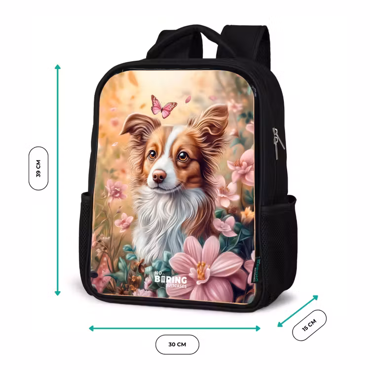 Sac à dos enfant - Noir - Chien dans un champ de fleurs avec des papillons — 8