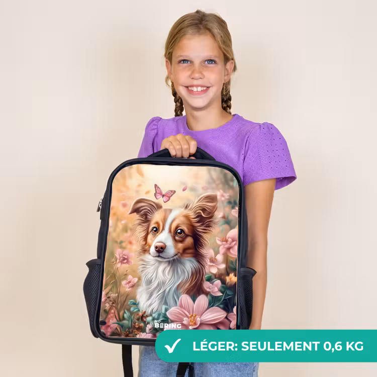 Sac à dos enfant - Noir - Chien dans un champ de fleurs avec des papillons — 9