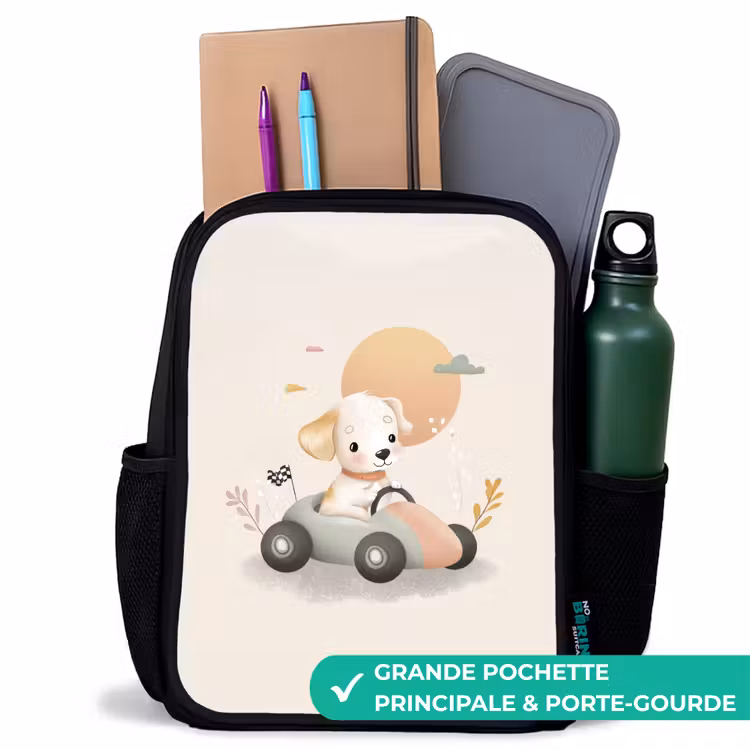 Sac à dos enfant - Noir - Chiot dans une voiture de course de couleur beige — 10