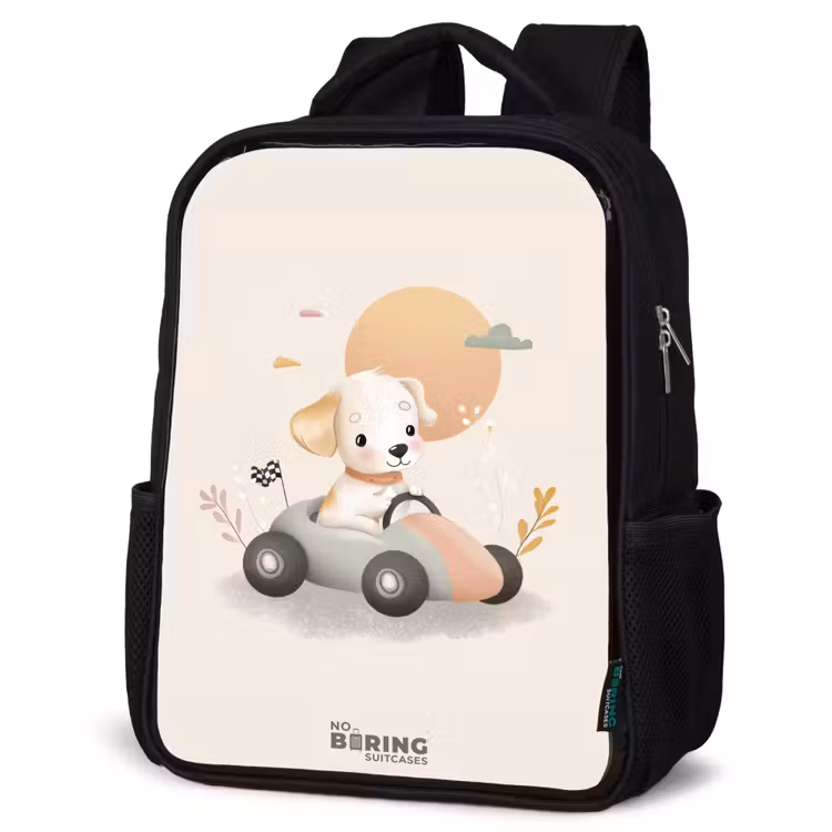Sac à dos enfant - Noir - Chiot dans une voiture de course de couleur beige — 6