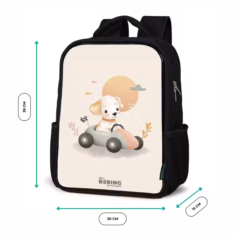 Sac à dos enfant - Noir - Chiot dans une voiture de course de couleur beige — 8