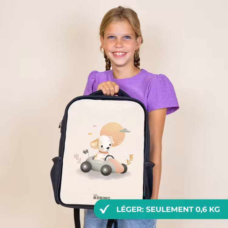 Sac à dos enfant - Noir - Chiot dans une voiture de course de couleur beige — 9