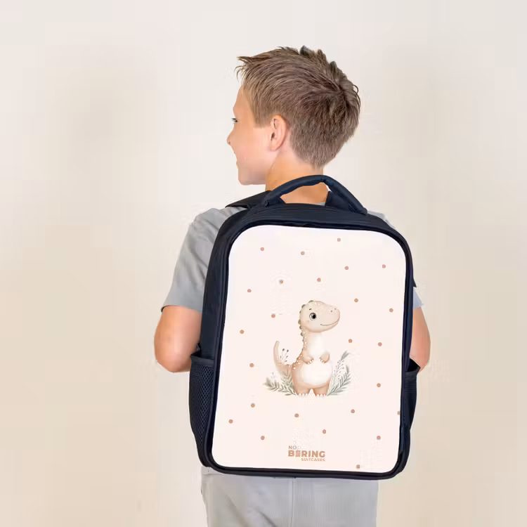 Sac à dos enfant - Noir - Dino beige sur fond à pois — 2