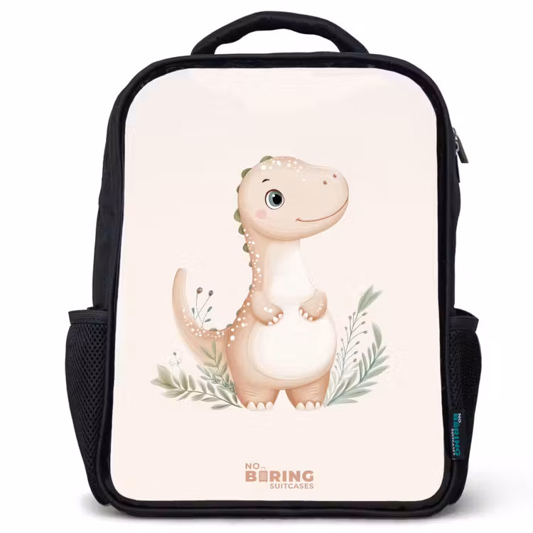 Sac à dos enfant - Noir - Dinosaure beige avec des feuilles vertes — 1