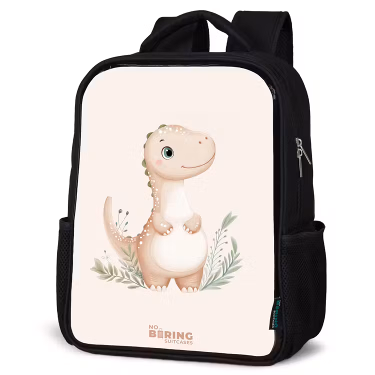 Sac à dos enfant - Noir - Dinosaure beige avec des feuilles vertes — 6