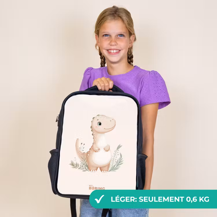 Sac à dos enfant - Noir - Dinosaure beige avec des feuilles vertes — 9