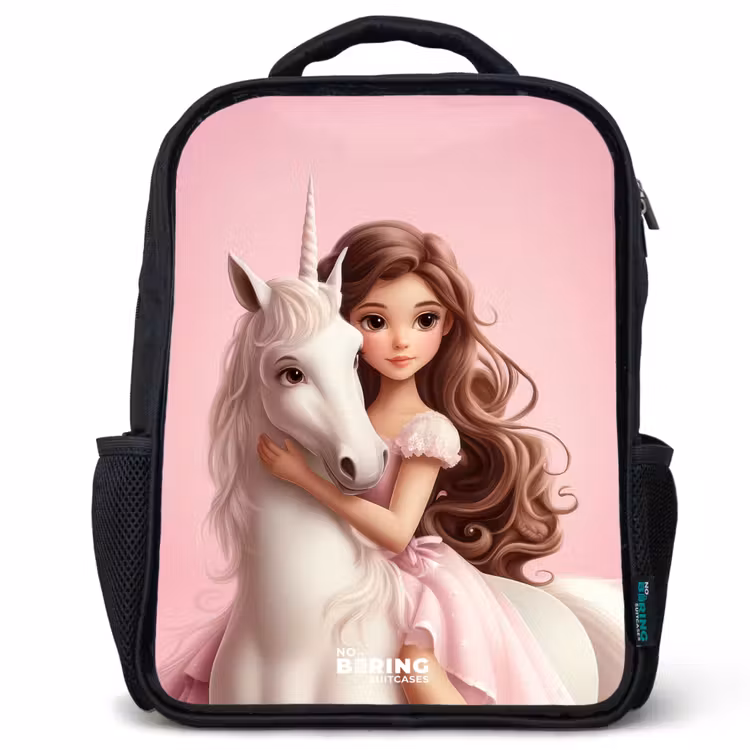 Sac à dos enfant - Noir - Fille avec licorne blanche sur fond rose — 1