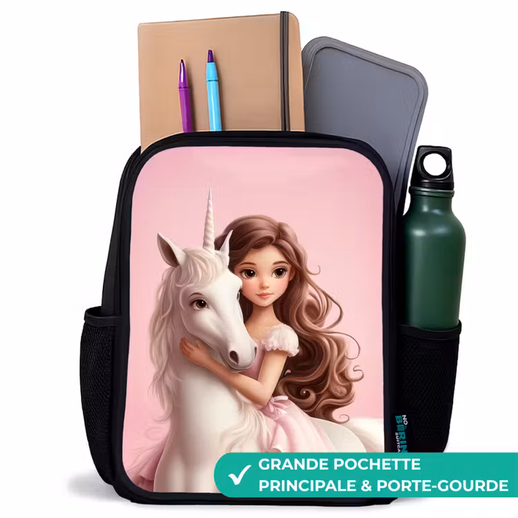 Sac à dos enfant - Noir - Fille avec licorne blanche sur fond rose — 10