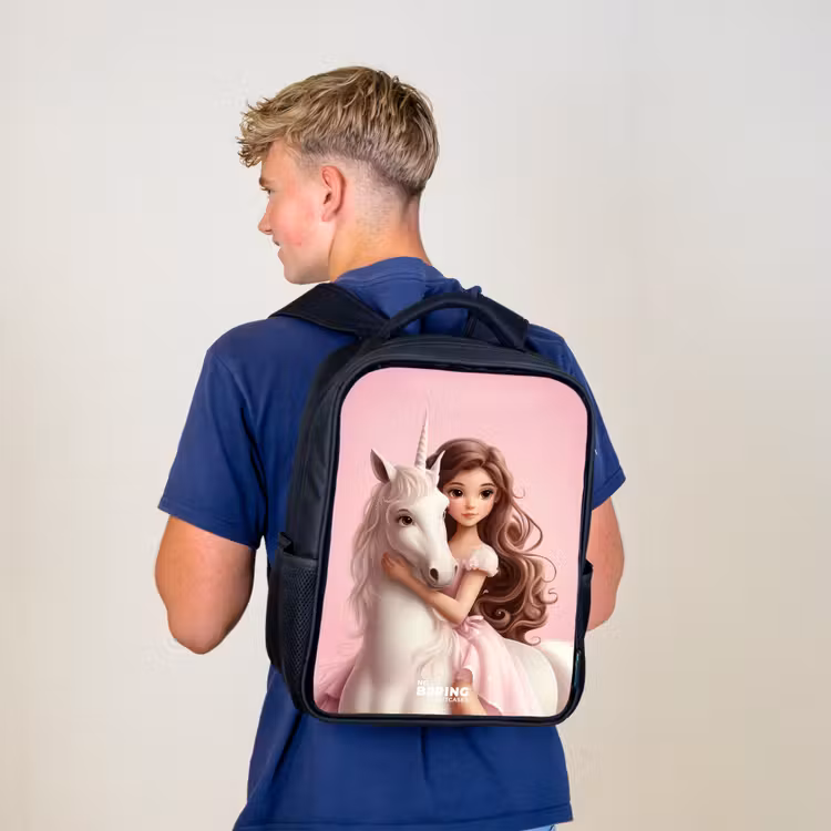 Sac à dos enfant - Noir - Fille avec licorne blanche sur fond rose — 5