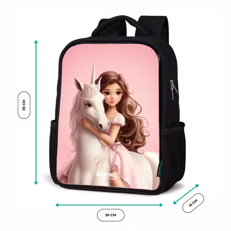 Sac à dos enfant - Noir - Fille avec licorne blanche sur fond rose — 8
