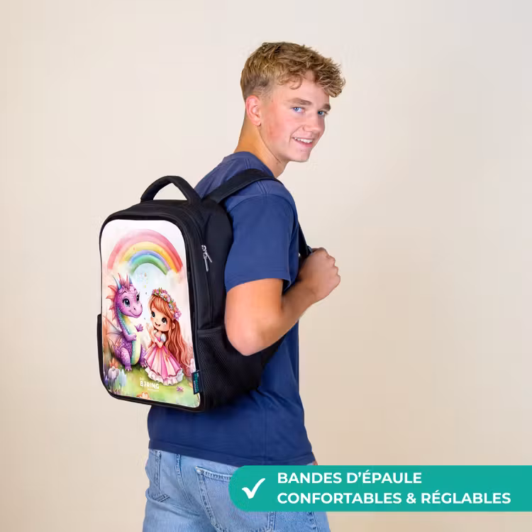 Sac à dos enfant - Noir - Fille avec un dragon violet sous un arc-en-ciel — 11