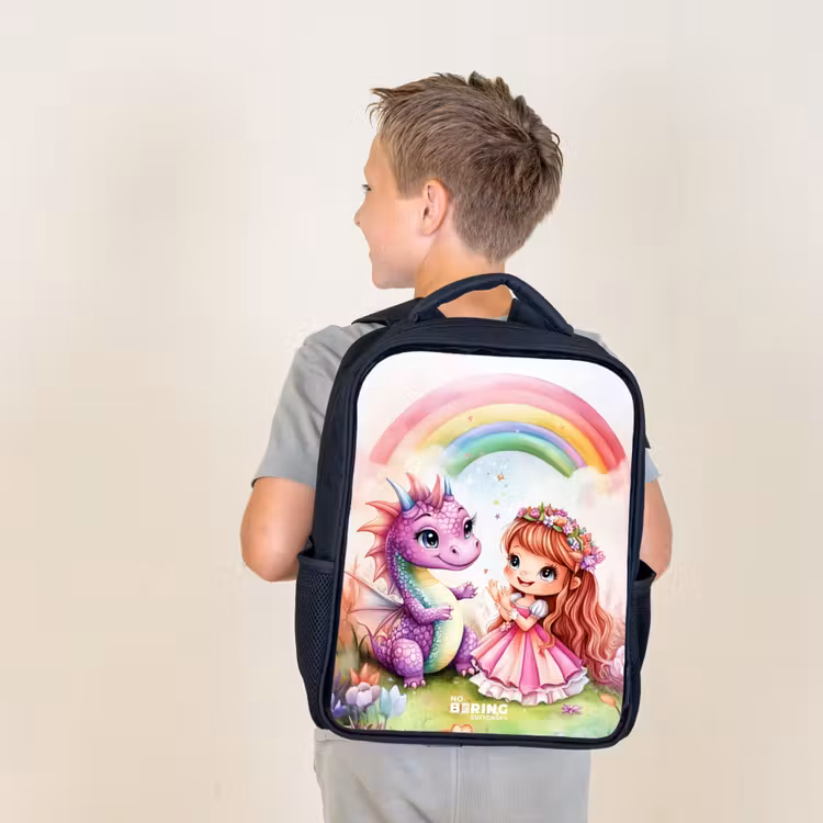 Sac à dos enfant - Noir - Fille avec un dragon violet sous un arc-en-ciel — 2