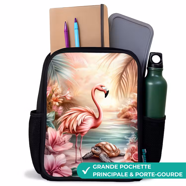 Sac à dos enfant - Noir - Flamant et tortue sur une plage rose. — 10