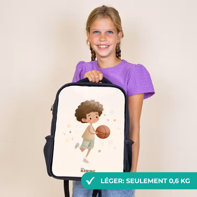 Sac à dos enfant - Noir - Garçon avec un ballon de basket en couleur beige — 9