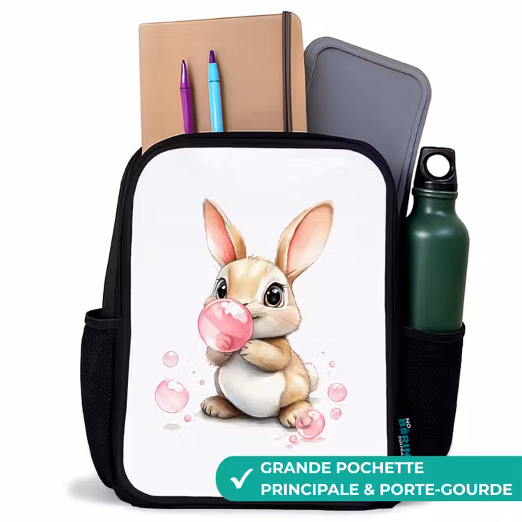 Sac à dos enfant - Noir - Lapin brun avec des bulles roses — 10