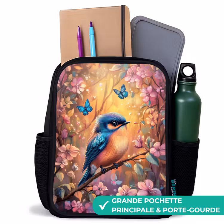 Sac à dos enfant - Noir - Oiseau avec papillons dans une forêt colorée. — 10
