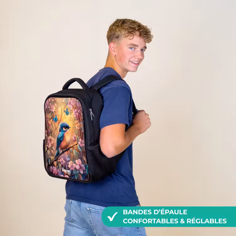 Sac à dos enfant - Noir - Oiseau avec papillons dans une forêt colorée. — 11