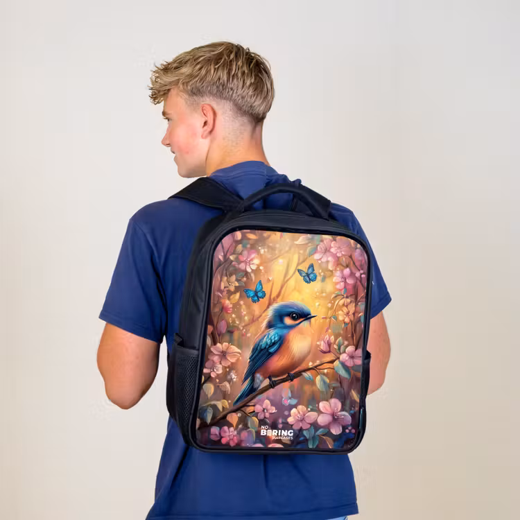 Sac à dos enfant - Noir - Oiseau avec papillons dans une forêt colorée. — 5
