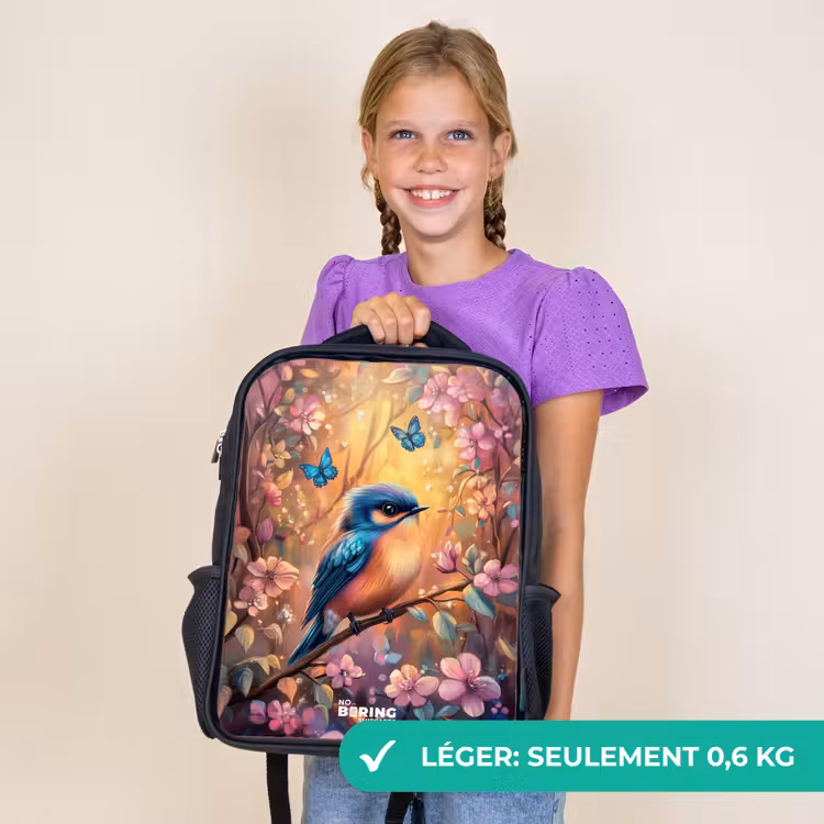 Sac à dos enfant - Noir - Oiseau avec papillons dans une forêt colorée. — 9