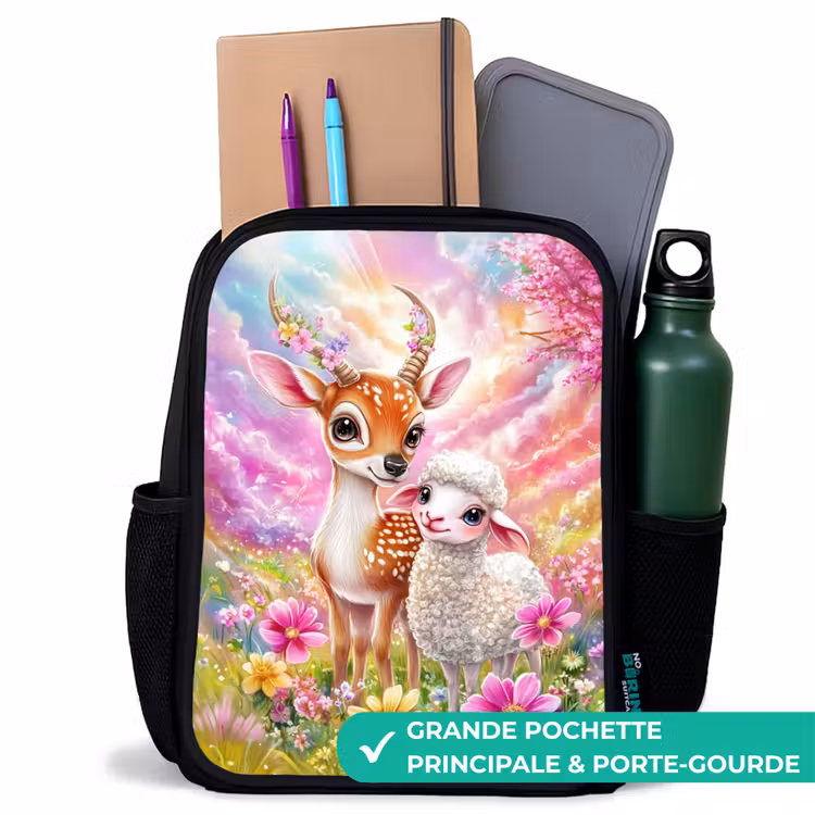 Sac à dos enfant - Noir - Petit cerf avec un agneau dans un champ de fleurs pastel — 10