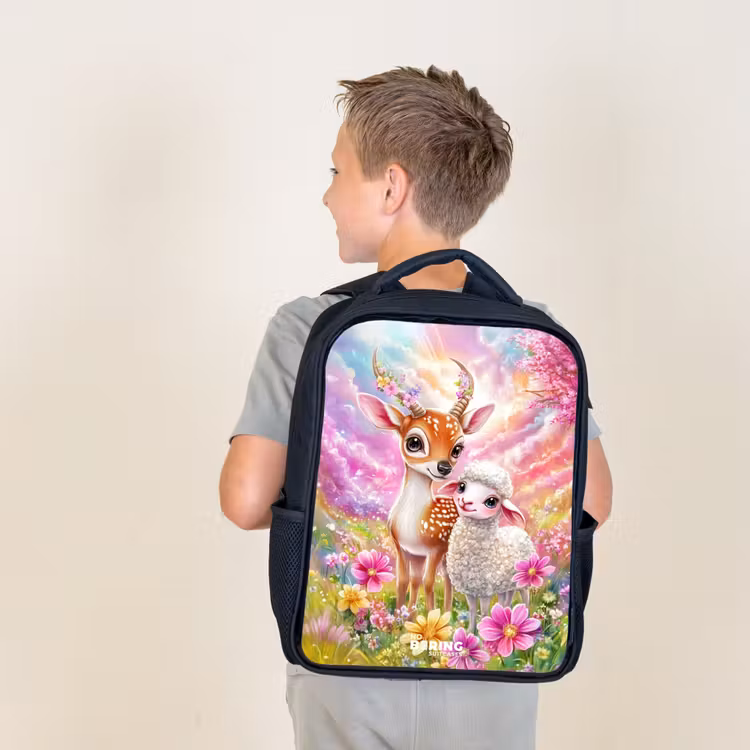 Sac à dos enfant - Noir - Petit cerf avec un agneau dans un champ de fleurs pastel — 2