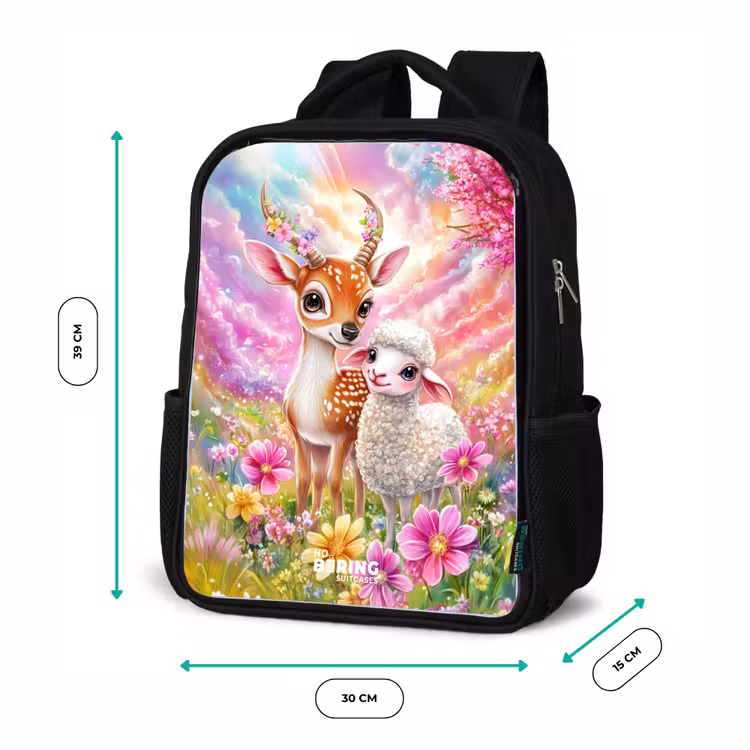 Sac à dos enfant - Noir - Petit cerf avec un agneau dans un champ de fleurs pastel — 8