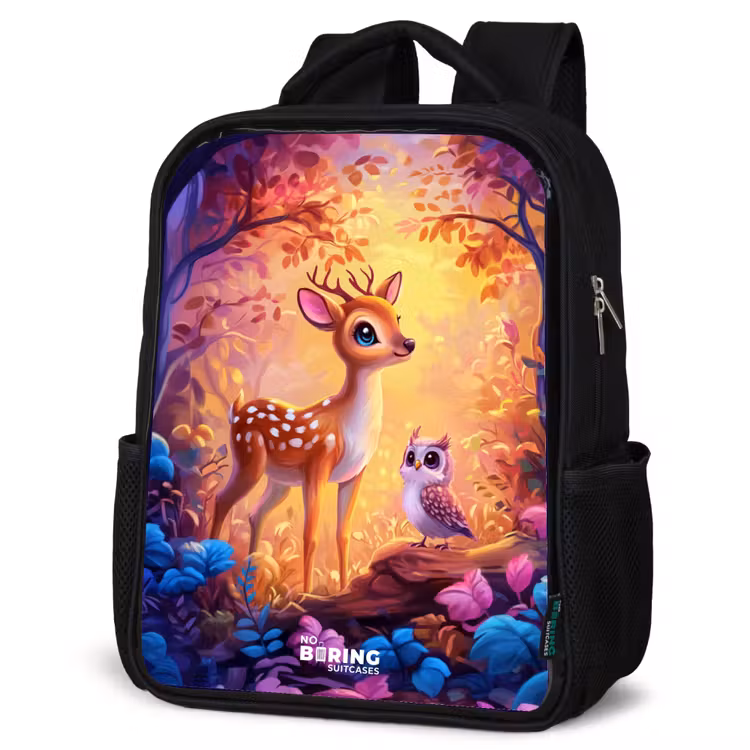Sac à dos enfant - Noir - Petit cerf et hibou dans une forêt rose de conte de fées — 6