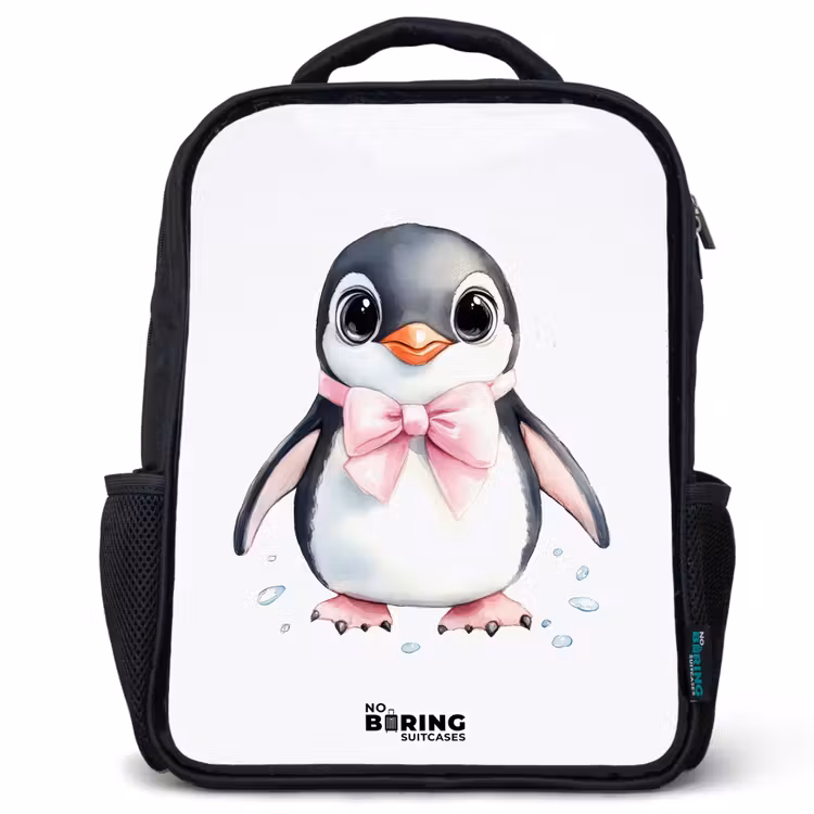 Sac à dos enfant - Noir - Pingouin avec nœud rose et gouttes de glace — 1