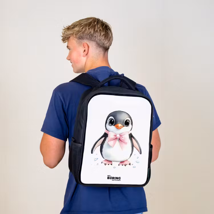 Sac à dos enfant - Noir - Pingouin avec nœud rose et gouttes de glace — 5