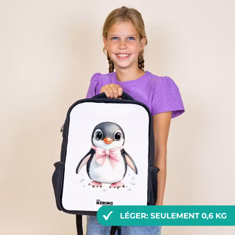 Sac à dos enfant - Noir - Pingouin avec nœud rose et gouttes de glace — 9