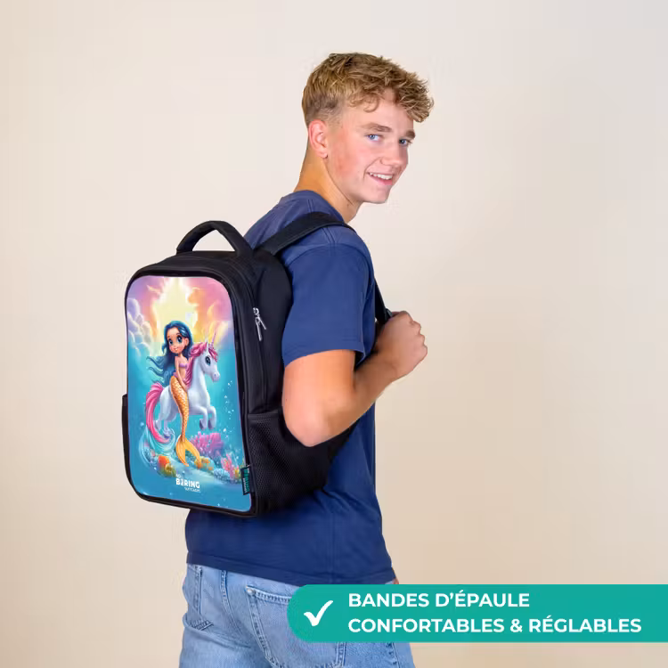 Sac à dos enfant - Noir - Sirène à queue d'or avec une licorne blanche — 11