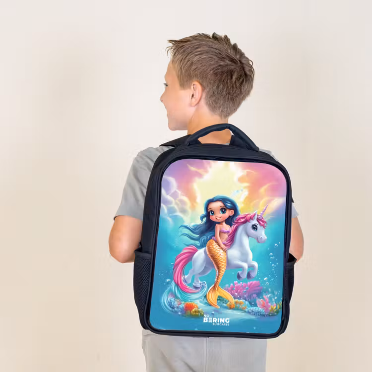 Sac à dos enfant - Noir - Sirène à queue d'or avec une licorne blanche — 2