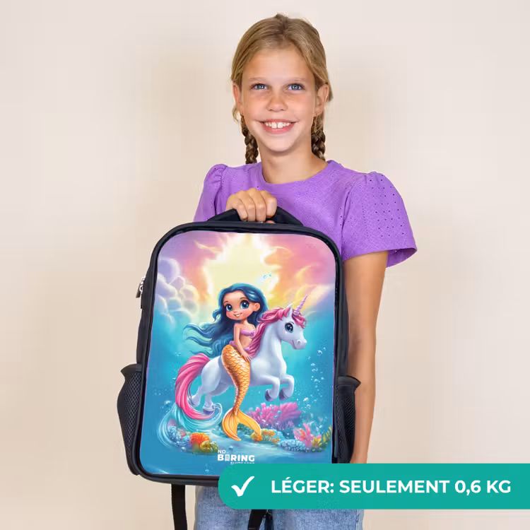 Sac à dos enfant - Noir - Sirène à queue d'or avec une licorne blanche — 9