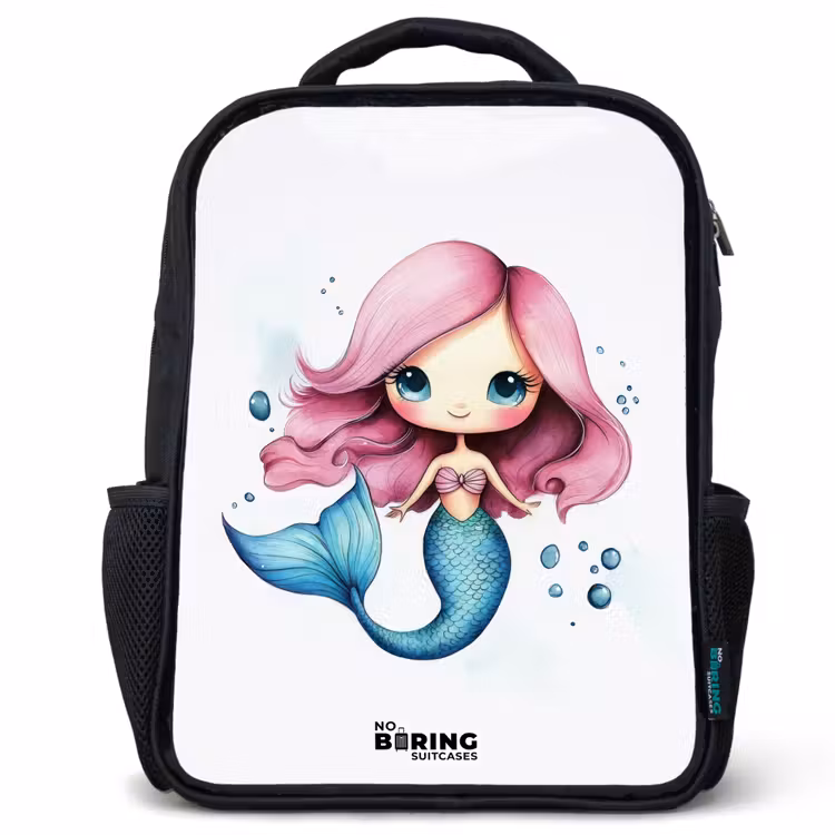 Sac à dos enfant - Noir - Sirène aux cheveux roses et à la queue bleue entre des bulles — 1