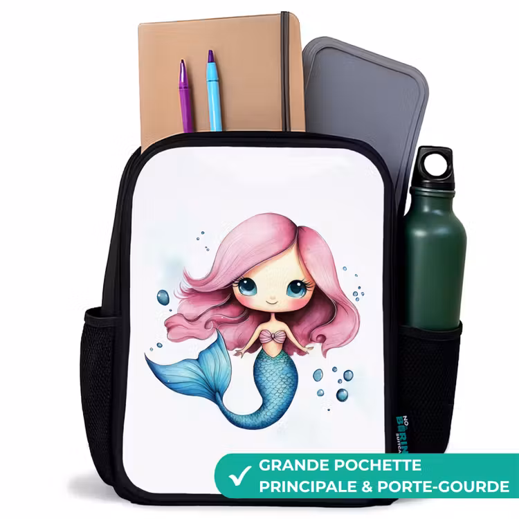Sac à dos enfant - Noir - Sirène aux cheveux roses et à la queue bleue entre des bulles — 10