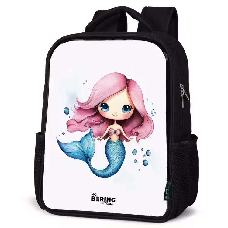 Sac à dos enfant - Noir - Sirène aux cheveux roses et à la queue bleue entre des bulles — 6