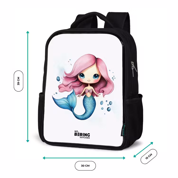 Sac à dos enfant - Noir - Sirène aux cheveux roses et à la queue bleue entre des bulles — 8