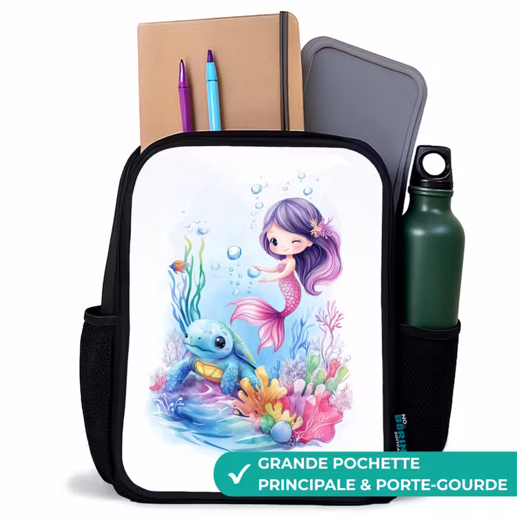 Sac à dos enfant - Noir - Sirène avec tortue bleue parmi les coraux — 10