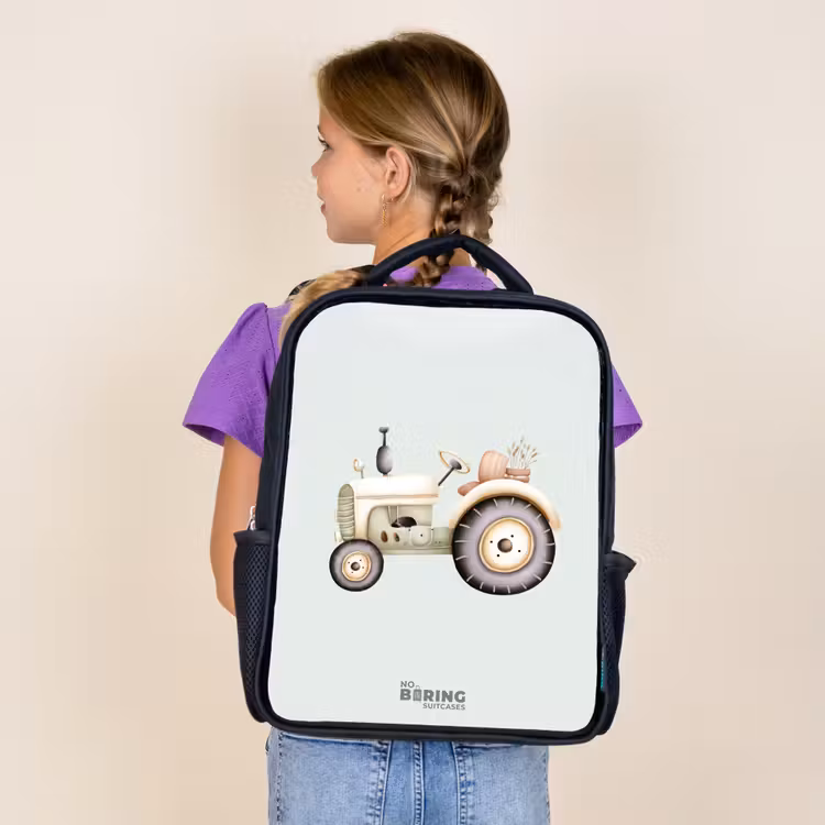 Sac à dos enfant - Noir - Tracteur vintage beige aux couleurs vertes pastel — 4