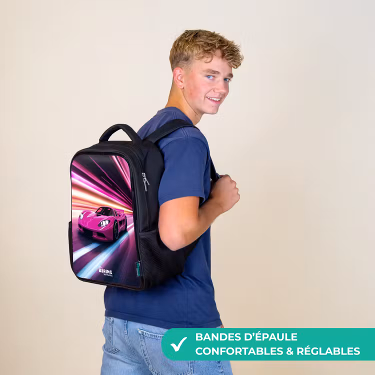 Sac à dos enfant - Noir - Une voiture de course rose brille à la lumière des néons — 11